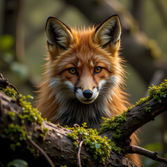 Alert Red Fox with Intense Gaze Perching on Mossy Branch Against Blurred Forest Background