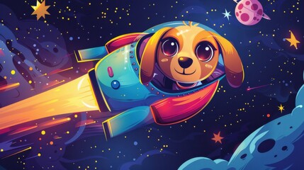 Cartoon dog face with a space ship, intergalactic background with stars