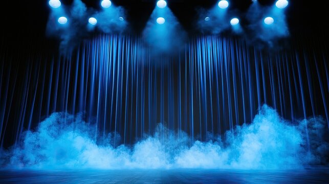 A dramatic stage with blue lighting, illuminated fog, and cascading water droplets, creating an atmospheric scene suitable for performances.