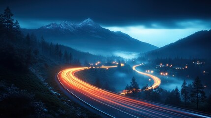 Night road, mountain, light trails, village, fog, travel