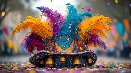 Vibrant jester wearing a colorful hat with bells during a lively festival celebration in an enchanting street