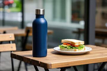 Navy Blue Tumbler Mockup on Cafe Table with Sandwich for Breakfast. Tumbler Bottle Mockup