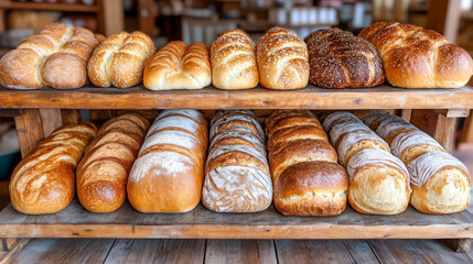 Bakery display case showcases an array of freshly baked bread loaves in a charming shop setting during daylight