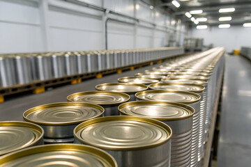 A row of metal cans with golden tops lined up in a warehouse, showcasing an organized and industrial storage environment.