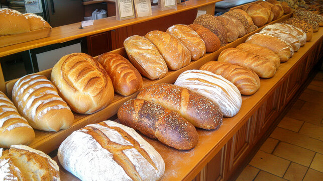 Bakery display case showcases an array of freshly baked bread loaves in a charming shop setting during daylight