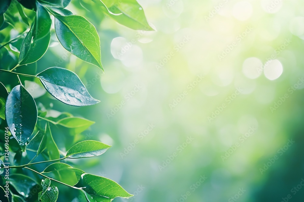 Poster Fresh Green Leaves with Dew Drops Illuminated by Sunlight Creating Nature Harmony : Generative AI