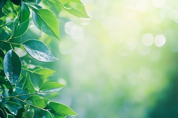 Obraz premium Fresh Green Leaves with Dew Drops Illuminated by Sunlight Creating Nature Harmony : Generative AI