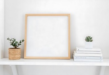 Wooden Frame Mockup on White Shelf: Plants, Books & Decor