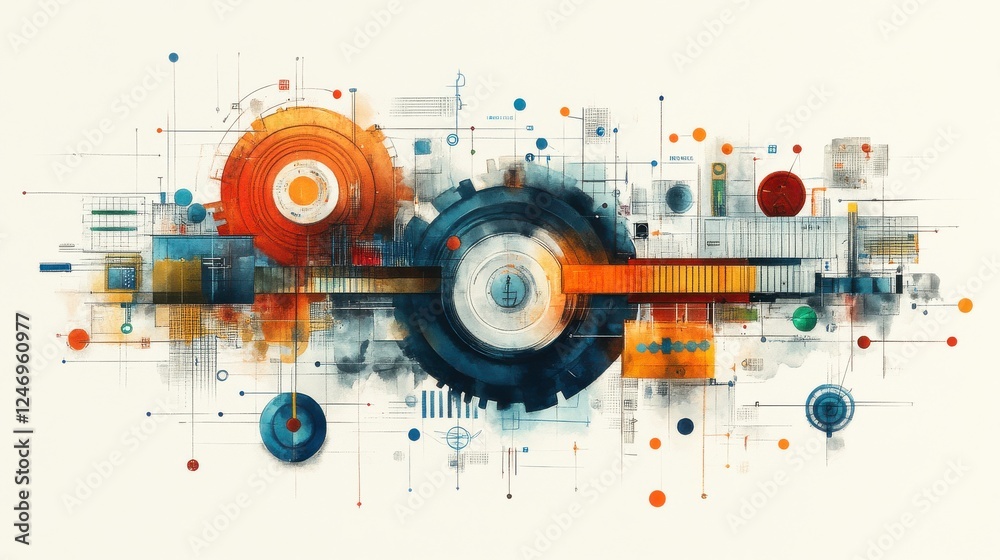 Poster abstract colorful design featuring geometric shapes and lines, blending circular patterns with vibra