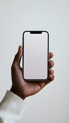 Modern Smartphone with Blank White Screen Held in Hand – Isolated Mockup for App Design, UI Presentation, and Digital Branding in a Minimalist Setting