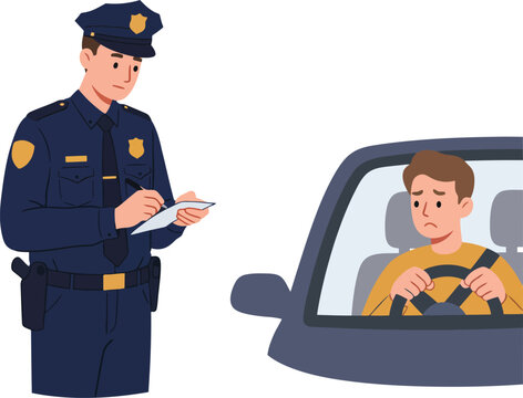 Illustration of a police officer writing a ticket to a driver in a car, isolated on white background