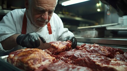 Experienced butcher carefully preparing fresh raw meat with knife in professional kitchen setting