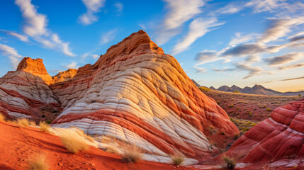 Vast desert landscape showcasing colorful rock formations and dramatic clouds at sunset