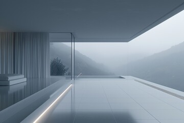 Obraz premium Modern bedroom design showcasing sleek bed, elegant curtains, and minimalist aesthetic with views