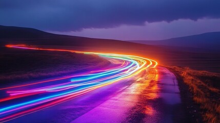 Dynamic Colorful Light Trails from High-Speed Car on Street in Scenic Landscape