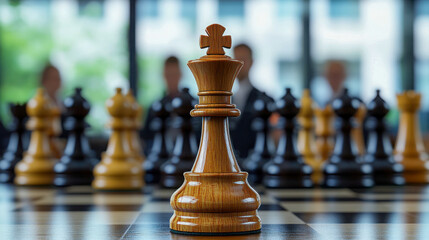 Businessmen engaged in strategic discussions around a chessboard in a modern corporate setting