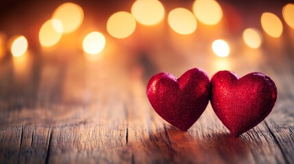 Fototapeta premium Heart-Shaped Red Glitter Decorations on Rustic Wooden Surface : Generative AI
