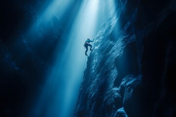 Fototapeta premium Scuba Diver Silhouette Exploring Underwater Cave in Aqua Blue Light