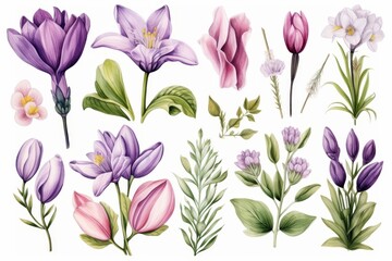 set of colorful icons of spring flowers on white