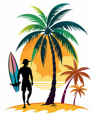 Tropical Surf Sunset - Surfer Silhouette with Palm Trees Vector, Surfer on the Beach, Silhouette Surfing Paradise , Sunset and Palm Trees