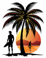 Tropical Surf Sunset - Surfer Silhouette with Palm Trees Vector, Surfer on the Beach, Silhouette Surfing Paradise , Sunset and Palm Trees