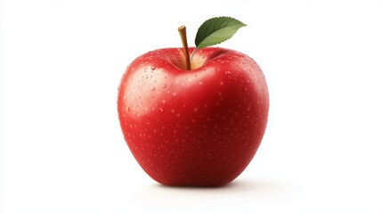 Single ripe red apple with a glossy surface resting on a clean white background showcasing its freshness and juiciness