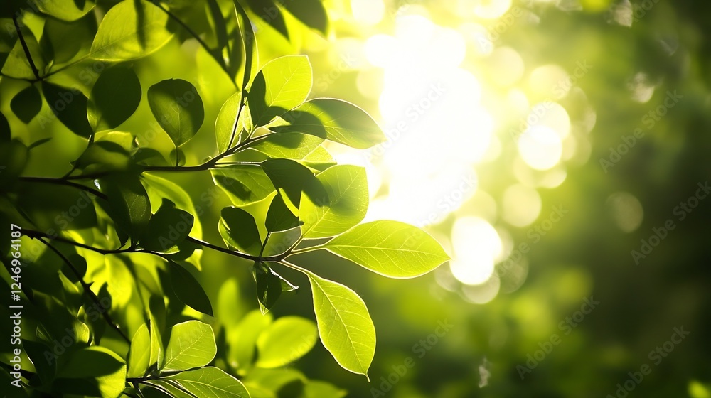 Poster Close-Up of Lush Green Leaves Backlit by Sunlight Creating a Natural Bokeh Effect : Generative AI