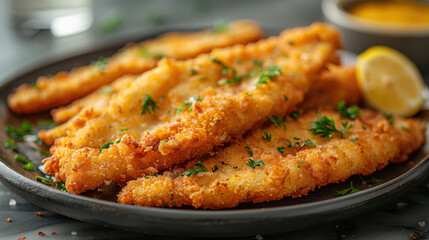 Crispy fried breaded tilapia fillets garnished with herbs and lemon