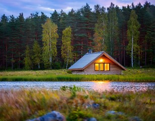 Caba&ntilde;a de madera y piedra a orillas del lago en un pintoresco. paisaje rural con flores de hierba verde, hermoso lugar natural