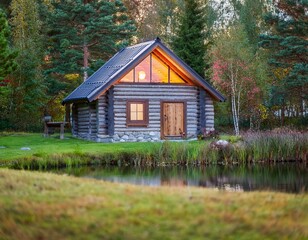 Cabaña de madera y piedra a orillas del lago en un pintoresco. paisaje rural con flores de hierba verde, hermoso lugar natural