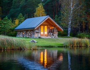 Obraz premium Cabaña de madera y piedra a orillas del lago en un pintoresco. paisaje rural con flores de hierba verde, hermoso lugar natural