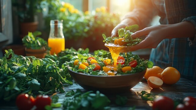 Woman making healthy salad at home, sunlit kitchen