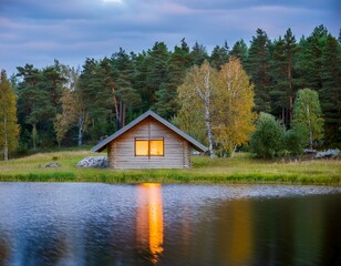 Obraz premium Cabaña de madera y piedra a orillas del lago en un pintoresco. paisaje rural con flores de hierba verde, hermoso lugar natural