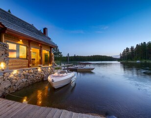 Naklejka premium Cabaña de madera y piedra a orillas del lago en un pintoresco. paisaje rural con flores de hierba verde, hermoso lugar natural