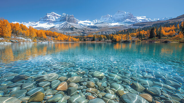 Crystal clear water in serene lake reflects majestic mountains and vibrant autumn trees, creating tranquil landscape