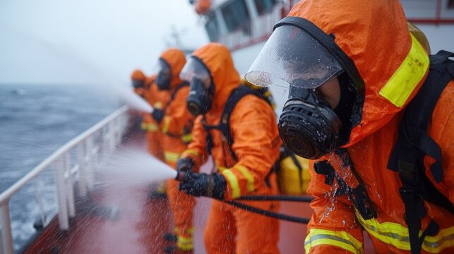 A group of Asian crew members practicing a fire drill on the ship deck, wearing fireproof suits and spraying water from hoses, with safety equipment in the background