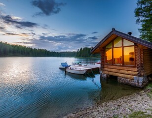 Fototapeta premium Cabaña de madera y piedra a orillas del lago en un pintoresco. paisaje rural con flores de hierba verde, hermoso lugar natural