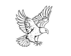 line art illustration of an eagle, lively, energetic style, black and white, clear background, vector