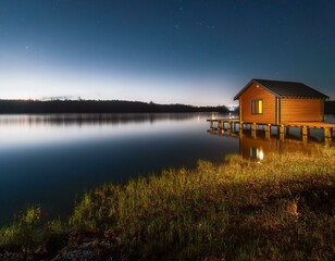Fototapeta premium Cabaña de madera y piedra a orillas del lago en un pintoresco. paisaje rural con flores de hierba verde, hermoso lugar natural