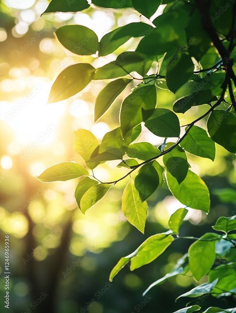 Poster sun drenched green leaves in lush forest creating a fresh nature essence : generative ai