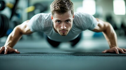Fototapeta premium Fit Young Man in Intense Push-Up Workout at Modern Gym Facility : Generative AI