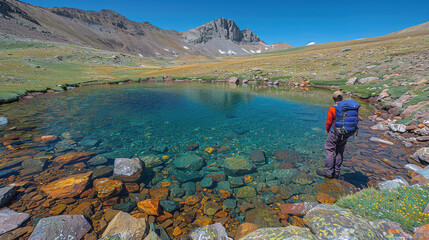 Fototapeta premium person stands by crystal clear mountain lake, surrounded by vibrant nature and rocky terrain, enjoying serene landscape
