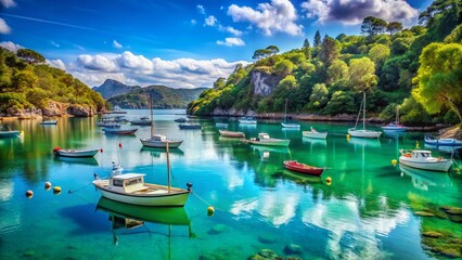 Obraz premium Serene Coastal Bay: Boats at Anchor in Turquoise Waters