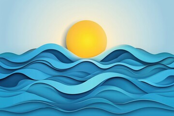 Abstract Ocean Wave Illustration with Sunrise in Paper Cut Style for Summer Background