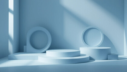 Modern 3D product stand set, featuring floating matte white circular with light and shadow on background. Abstract background. Empty modern stand.
