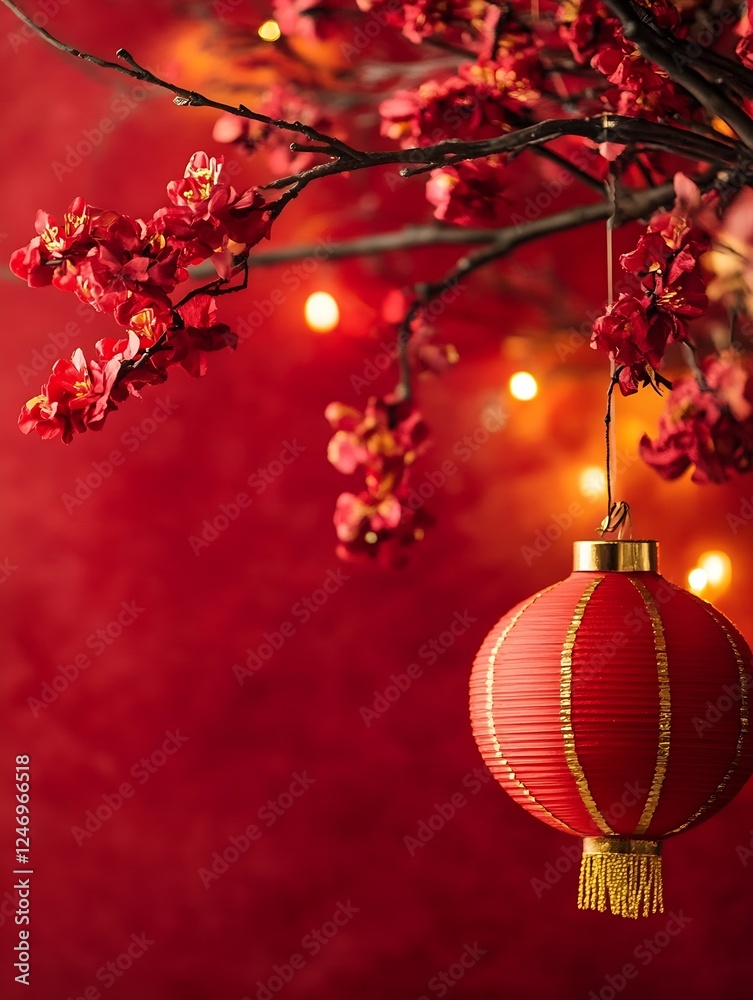 Aufkleber elegant red lanterns and blossoms on festive background with warm lights : generative ai