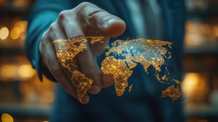 Global Reach: A hand points to a translucent world map, symbolizing global connectivity, international business, and future opportunities.
