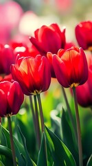 Fototapeta premium Vibrant Red Tulips in Sunlit Garden Capturing Springtime Beauty and Elegance Outdoors : Generative AI