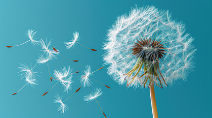 Dandelion puff stands against vibrant blue sky, showcasing delicate seeds drifting away