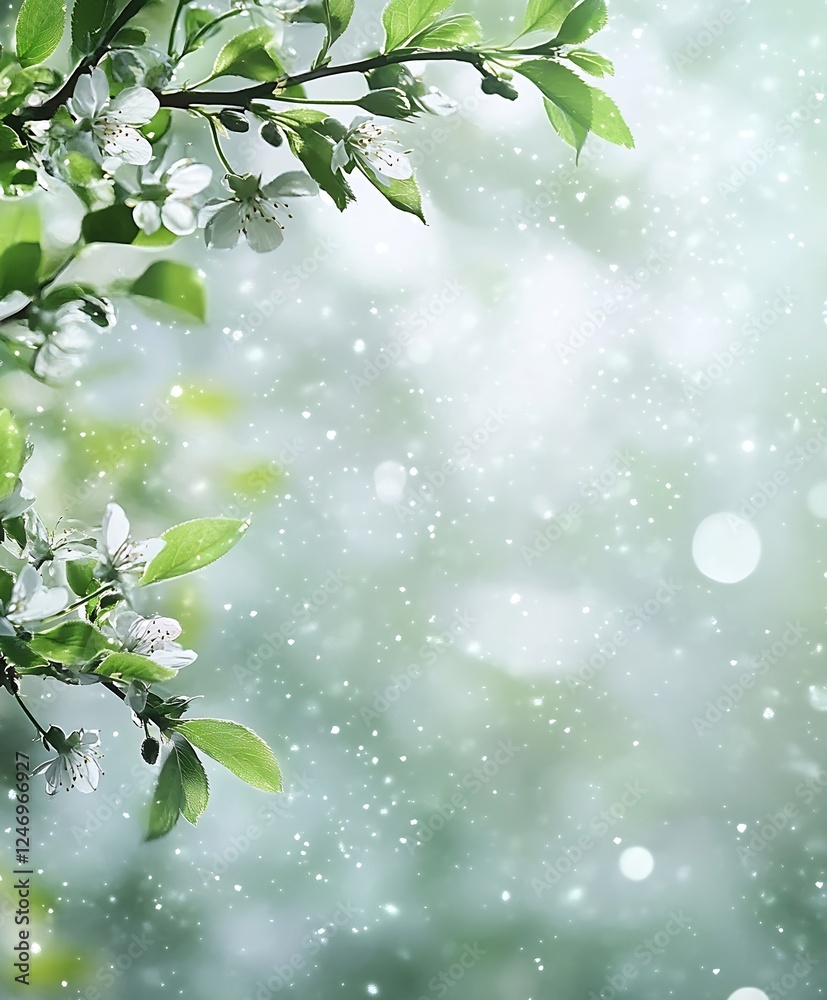 Poster Serene Blossoming Spring Tree Branches with Snowy Background : Generative AI